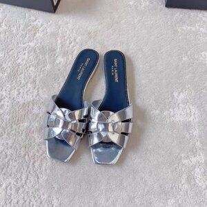 Saint Laurent Silver Leather Tribute Flat Mules